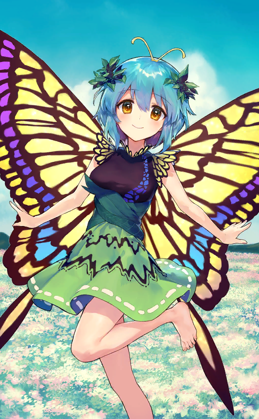 1girl ainy77 antennae bangs bare_arms bare_shoulders barefoot black_shirt blue_hair blue_sky blush breasts brown_eyes butterfly_wings clouds day eternity_larva eyebrows_visible_through_hair feet_out_of_frame field flower flower_field green_skirt hair_between_eyes leaf leg_up looking_at_viewer medium_breasts miniskirt outdoors shirt short_hair skirt sky sleeveless sleeveless_shirt smile solo standing standing_on_one_leg touhou touhou_cannonball wings
