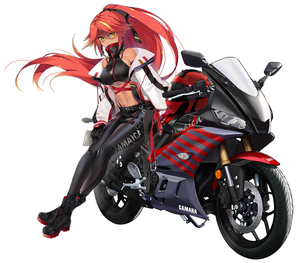 1girl alternate_costume azur_lane bare_shoulders belt black_gloves black_pants black_shirt boots breasts covered_mouth crop_top dark_skin floating_hair glint gloves ground_vehicle hair_ribbon headwear_removed helmet helmet_removed high_collar jacket jamaica_(azur_lane) jamaica_(highway_star)_(azur_lane) jewelry large_breasts long_hair long_sleeves looking_at_viewer midriff motor_vehicle motorcycle multicolored_hair navel necklace off_shoulder official_art ootsuki_momiji open_clothes open_jacket orange_hair pants ponytail red_hair ribbon shirt sitting sleeveless sleeveless_shirt solo stomach streaked_hair tachi-e transparent_background very_long_hair white_jacket yellow_eyes