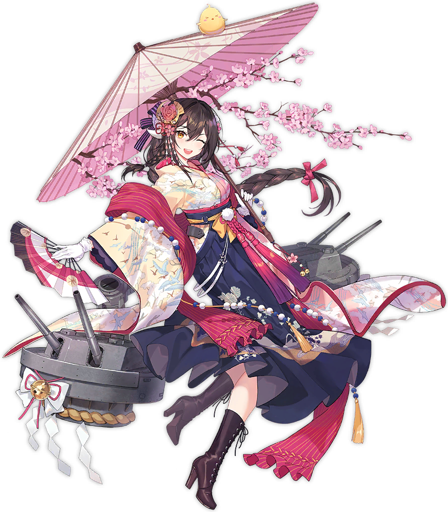 1girl ;d alternate_costume azur_lane bangs blush boots braid breasts brown_footwear brown_hair cannon cherry_blossoms closed_mouth criin cross-laced_footwear eyebrows_visible_through_hair full_body gloves hair_between_eyes hair_ornament hair_ribbon high_heel_boots high_heels holding holding_umbrella horns lace-up_boots long_hair long_sleeves looking_at_viewer medium_breasts mikasa_(azur_lane) official_art one_eye_closed oriental_umbrella pink_ribbon ribbon rigging side_braid single_braid smile solo star star-shaped_pupils symbol-shaped_pupils turret umbrella watermark white_gloves wide_sleeves