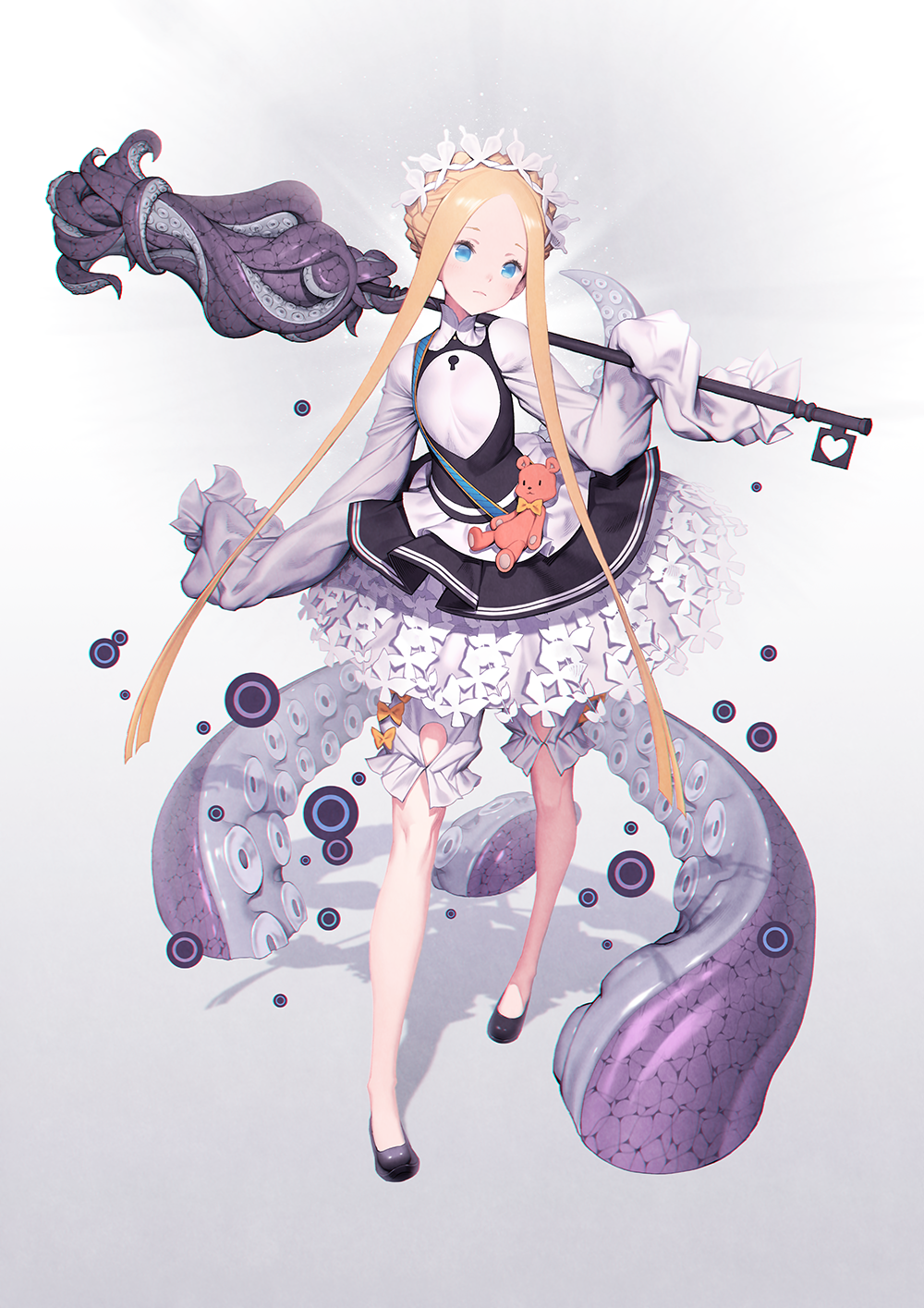 1girl abigail_williams_(fate/grand_order) alternate_costume bangs black_footwear blonde_hair blue_eyes blush bow commentary_request dress fate/grand_order fate_(series) hair_bow hair_ornament highres holding_key key keyhole long_hair looking_at_viewer mandrill orange_bow parted_bangs shoes sleeves_past_fingers sleeves_past_wrists solo stuffed_animal stuffed_toy teddy_bear white_dress