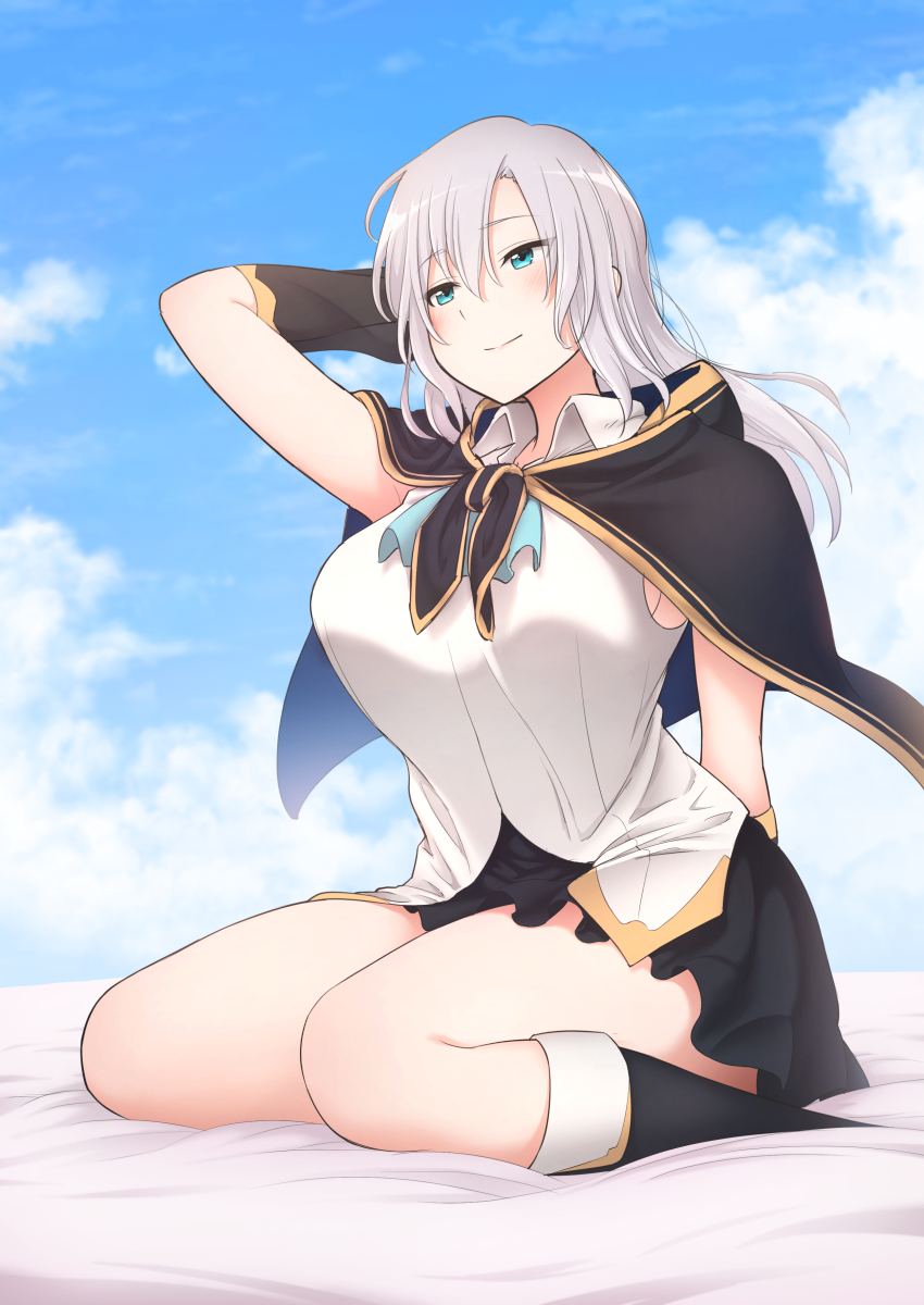 1girl alternate_hairstyle arm_support ars_almal black_legwear black_skirt blue_eyes blush breasts cape closed_mouth clouds cloudy_sky day detached_sleeves hand_in_hair highres hood hood_down hooded_cape huge_breasts large_breasts long_hair nijisanji older otonari shirt sitting skirt sky smile solo thighs virtual_youtuber wariza white_shirt