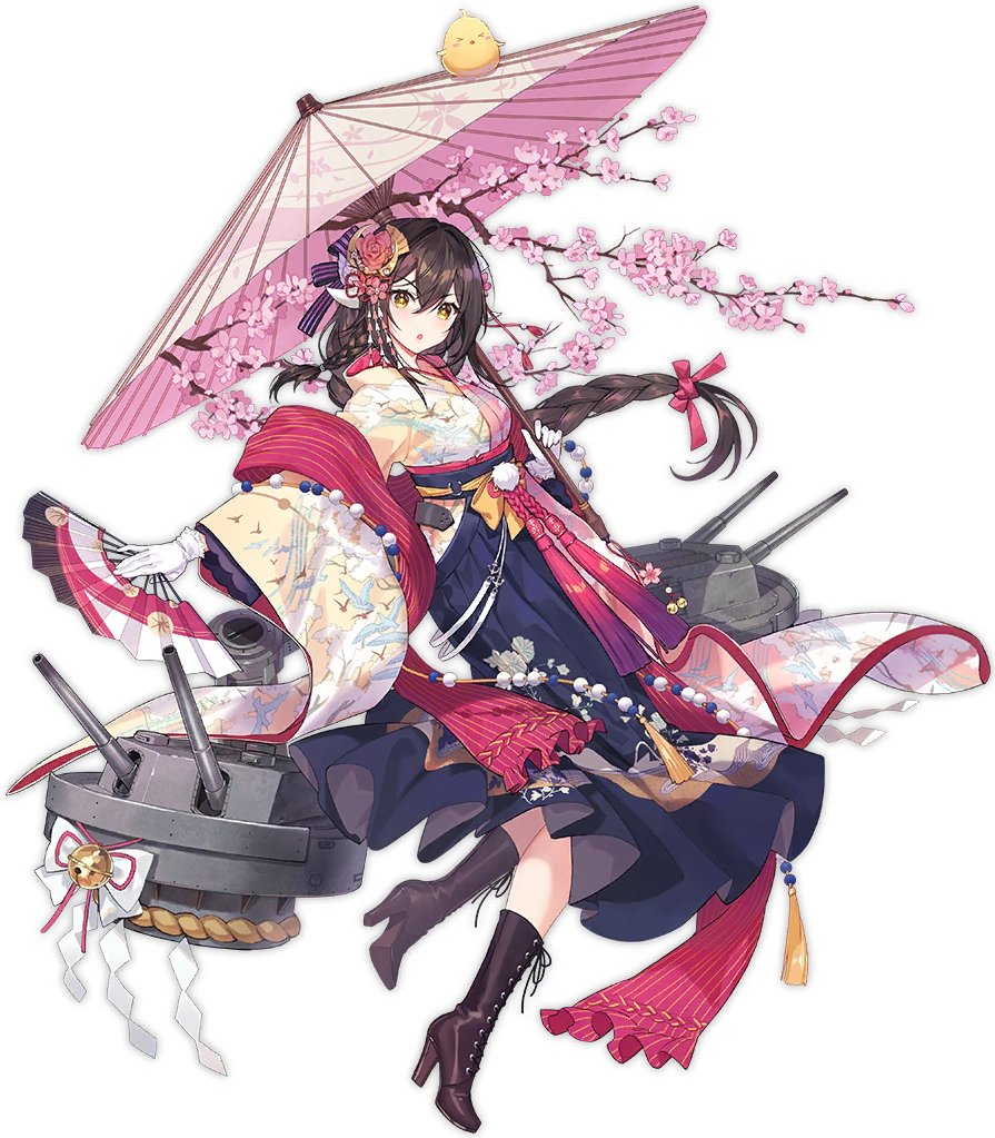 1girl alternate_costume azur_lane bangs blush boots braid breasts brown_footwear brown_hair cannon cherry_blossoms chestnut_mouth closed_mouth criin cross-laced_footwear eyebrows_visible_through_hair full_body gloves hair_between_eyes hair_ornament hair_ribbon high_heel_boots high_heels holding holding_umbrella horns lace-up_boots long_hair long_sleeves looking_at_viewer medium_breasts mikasa_(azur_lane) official_art oriental_umbrella pink_ribbon ribbon rigging side_braid single_braid solo star star-shaped_pupils symbol-shaped_pupils turret umbrella watermark white_gloves wide_sleeves