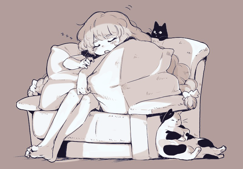 1girl animal bangs bare_legs barefoot black_cat braid calico cat closed_eyes couch envy_(otoca_d'or) hair_ornament leoharju long_hair monochrome no_hat no_headwear on_couch otoca_d'or pillow pillow_hug simple_background sitting sleeping sleeping_upright snoring twin_braids very_long_hair zzz