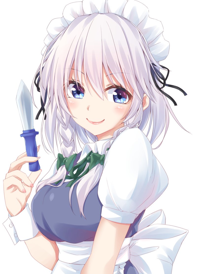 1girl apron bangs black_ribbon blue_dress blue_eyes blush bow braid breasts commentary dress eyebrows_visible_through_hair green_bow green_neckwear green_ribbon hair_between_eyes hair_bow hair_ribbon hand_up holding holding_knife holding_weapon izayoi_sakuya knife kue looking_at_viewer maid maid_apron maid_headdress medium_breasts neck_ribbon pink_lips puffy_short_sleeves puffy_sleeves ribbon shirt short_hair short_sleeves silver_hair simple_background smile solo touhou twin_braids upper_body waist_apron weapon white_apron white_background white_shirt wing_collar wrist_cuffs