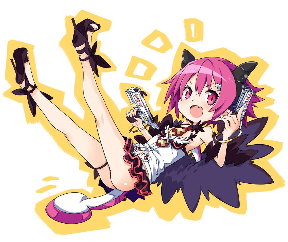 1girl ass black_shirt blush bracelet cosplay disgaea dual_wielding fang flat_chest full_body high_heels holding horns iwasi-r jewelry looking_at_viewer makai_senki_disgaea_3 makai_senki_disgaea_5 navel open_mouth pink_eyes pink_hair pleated_skirt pointy_ears raspberyl seraphina_(disgaea) shirt short_hair skirt solo tail thigh_strap trigger_discipline wings