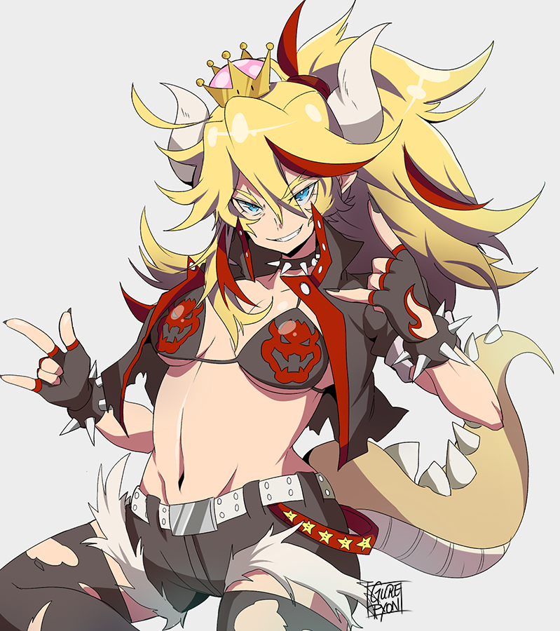 1girl arms_up bangs belt belt_buckle bikini bikini_top black_bikini_top blonde_hair blue_eyes bowser bowsette bracelet breasts buckle collar collarbone cuffs eyebrows_visible_through_hair fingerless_gloves genderswap gloves grey_background grin gurepyon highlights horns jewelry large_breasts super_mario_bros. multicolored_hair nail_polish navel new_super_mario_bros._u_deluxe punk shorts smile spiked_bracelet spiked_collar spikes spiky_hair star starman_(mario) swimsuit tail thick_eyebrows torn_clothes torn_legwear vest