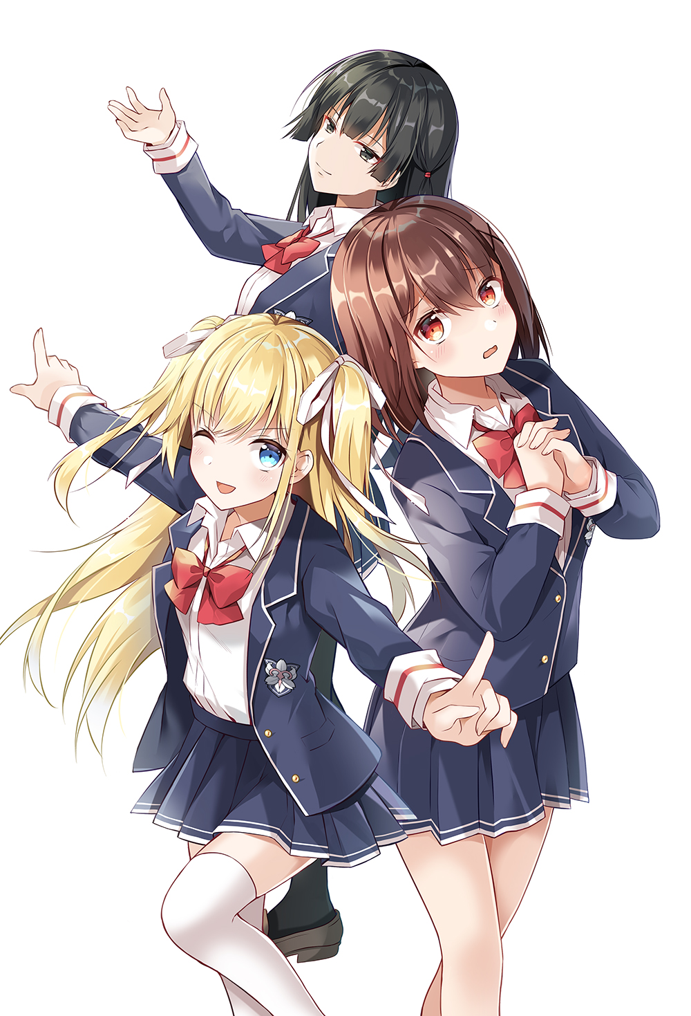 3girls ;d bangs black_hair black_legwear blazer blonde_hair blue_eyes blue_jacket blue_skirt blush bow brown_eyes brown_footwear brown_hair collared_shirt commentary_request copyright_request dress_shirt eyebrows_visible_through_hair hair_between_eyes hair_ribbon highres jacket loafers long_hair long_sleeves looking_at_viewer multiple_girls official_art one_eye_closed open_blazer open_clothes open_jacket open_mouth outstretched_arm pleated_skirt red_bow ribbon school_uniform shiro_kuma_shake shirt shoes simple_background skirt smile standing standing_on_one_leg thigh-highs two_side_up very_long_hair white_background white_legwear white_ribbon white_shirt