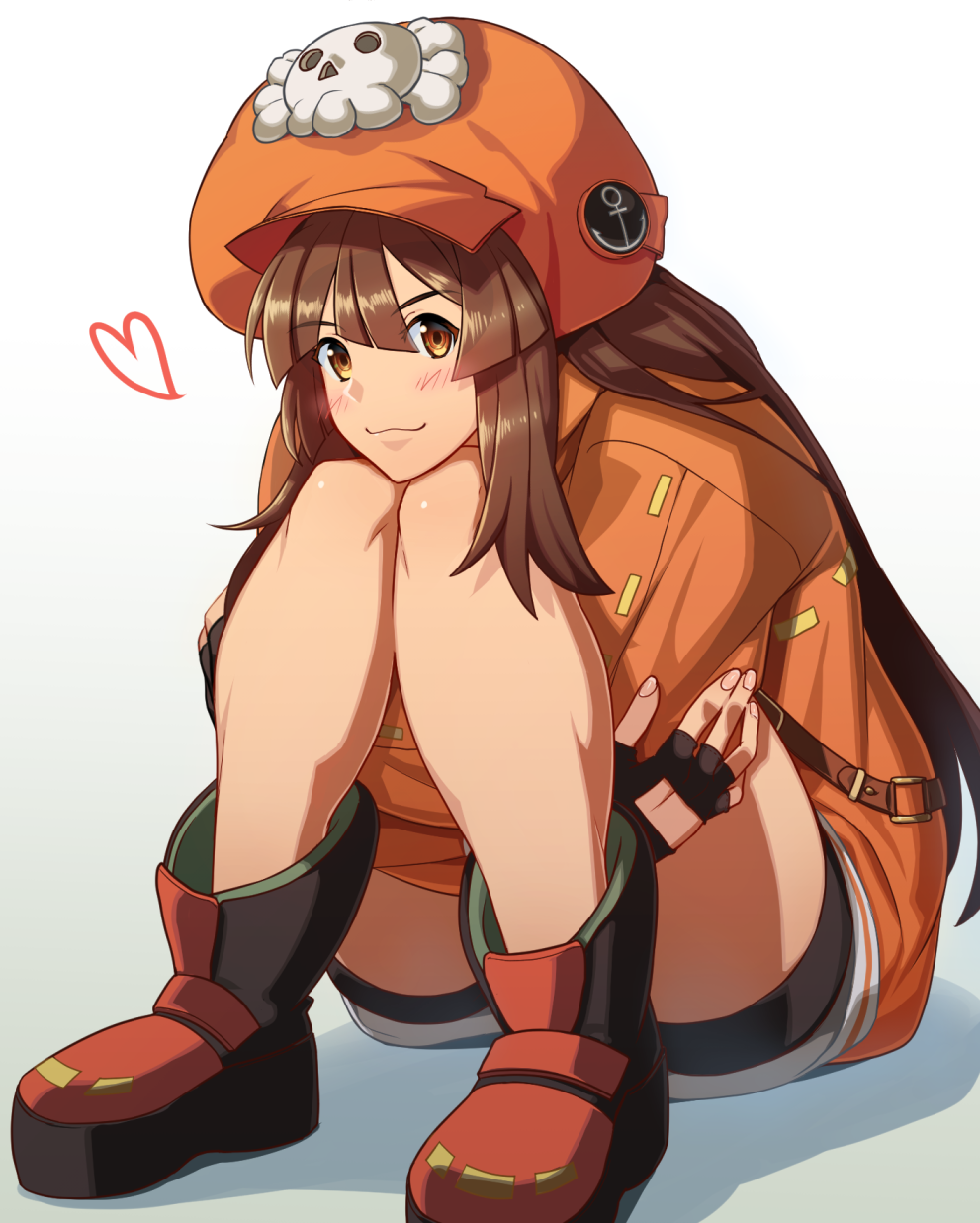 1girl backpack bag blush boots brown_hair commentary_request crossed_arms fingerless_gloves full_body gloves guilty_gear guilty_gear_2020 hat heart highres leg_hug looking_at_viewer may_(guilty_gear) orange_eyes orange_headwear orange_hoodie orange_shirt pirate_hat shirt sitting skull_and_crossbones solo tsuki_mawari_randolph