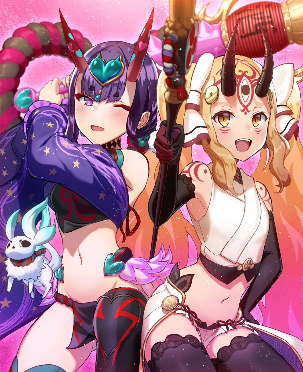 2girls :d ;d bare_shoulders black_legwear blonde_hair blurry blurry_foreground blush brown_eyes chinese_clothes club commentary_request creature crop_top depth_of_field detached_sleeves dudou eyeshadow facial_mark fang fate/grand_order fate_(series) forehead_mark fundoshi gradient_hair groin headpiece heart highres holding horns ibaraki_douji_(fate/grand_order) ibaraki_douji_(swimsuit_lancer)_(fate) japanese_clothes long_hair long_sleeves looking_at_viewer makeup mikomiko_(mikomikosu) multicolored_hair multiple_girls navel one_eye_closed oni oni_horns open_mouth pink_hair purple_hair purple_sleeves short_eyebrows shuten_douji_(fate/grand_order) shuten_douji_(halloween_caster)_(fate) smile spiked_club star star_print thick_eyebrows thigh-highs twintails two-handed very_long_hair violet_eyes weapon wide_sleeves