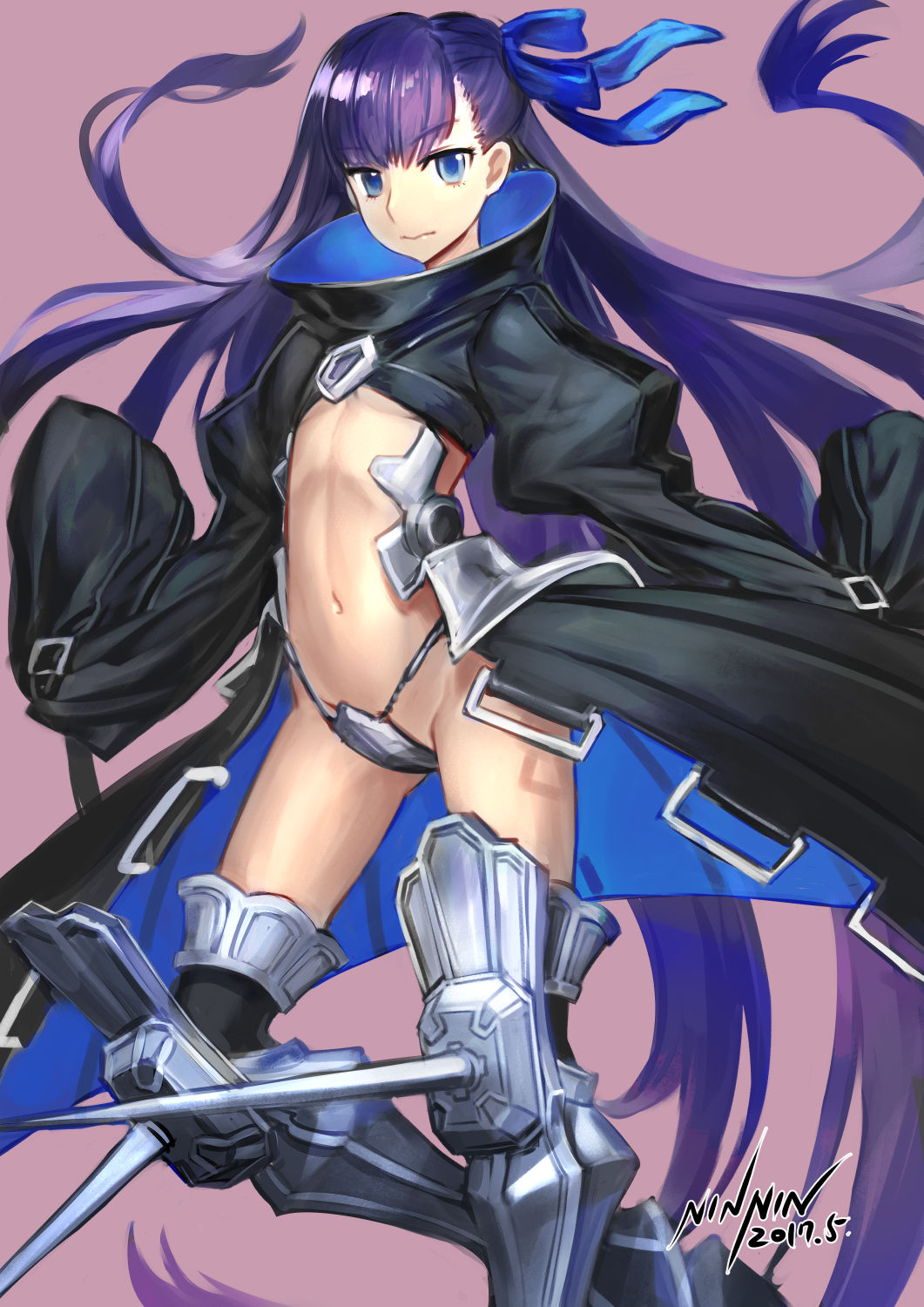 1girl armored_boots bangs black_coat blue_eyes blue_ribbon boots closed_mouth crotch_plate fate/extra fate/extra_ccc fate_(series) flat_chest hair_ribbon highres long_hair long_sleeves looking_at_viewer meltryllis navel ninnin_(shishitou) pink_background purple_hair revealing_clothes ribbon simple_background sleeves_past_fingers sleeves_past_wrists solo thighs very_long_hair