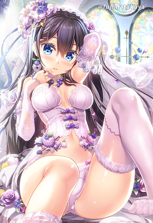 bangs blue_eyes breasts bridal_veil detached_sleeves dress earrings flower fujima_takuya hair_between_eyes jewelry long_hair medium_breasts original panties purple_dress purple_flower purple_legwear purple_panties purple_rose rose shiny shiny_clothes shiny_skin sidelocks single_thighhigh sitting thigh-highs thighs twitter_username underwear veil wedding wedding_dress