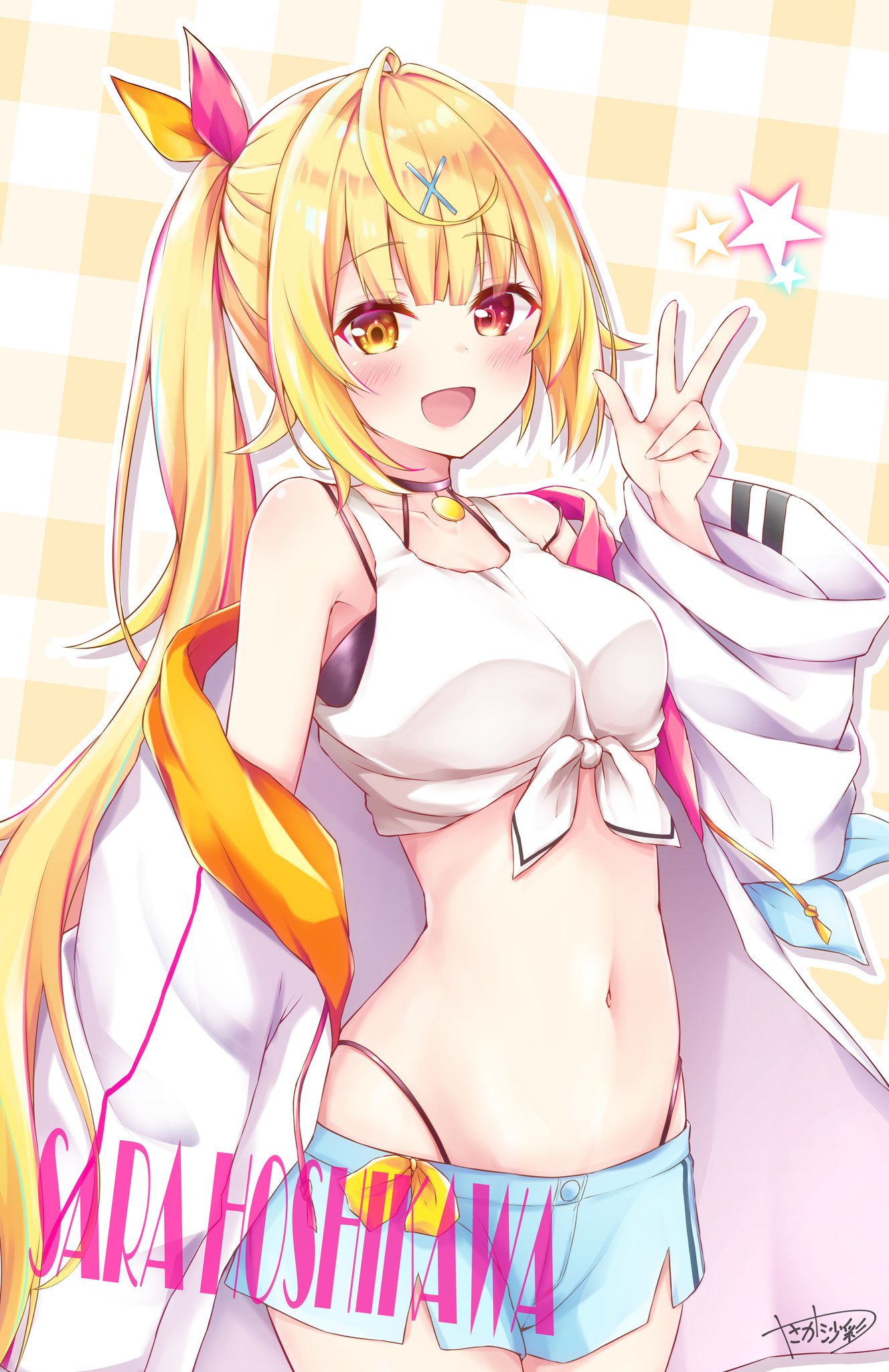 1girl :d ahoge bare_shoulders blonde_hair blue_shorts breasts character_name collarbone commentary_request cowboy_shot crop_top front-tie_top hair_ornament hair_ribbon halterneck hand_up heterochromia highleg highres hoshikawa_sara jacket long_hair looking_at_viewer medium_breasts midriff multicolored_hair navel nijisanji off_shoulder open_clothes open_jacket open_mouth plaid plaid_background red_eyes ribbon shirt short_shorts shorts side_ponytail signature sleeveless sleeveless_shirt smile solo star stomach streaked_hair very_long_hair virtual_youtuber w white_jacket white_shirt wide_sleeves x_hair_ornament yasaka_(astray_l) yellow_eyes