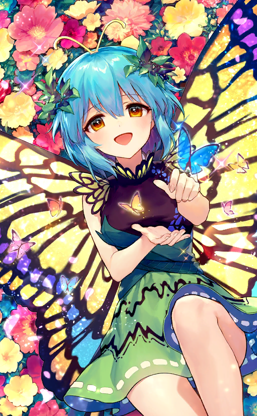 1girl :d ainy77 antennae bangs bare_arms bare_shoulders black_shirt blue_hair blush brown_eyes bug butterfly butterfly_wings eternity_larva eyebrows_visible_through_hair feet_out_of_frame flower green_skirt hair_between_eyes insect leaf looking_at_viewer miniskirt open_mouth pink_flower red_flower shirt short_hair skirt sleeveless sleeveless_shirt smile solo touhou touhou_cannonball wings yellow_flower