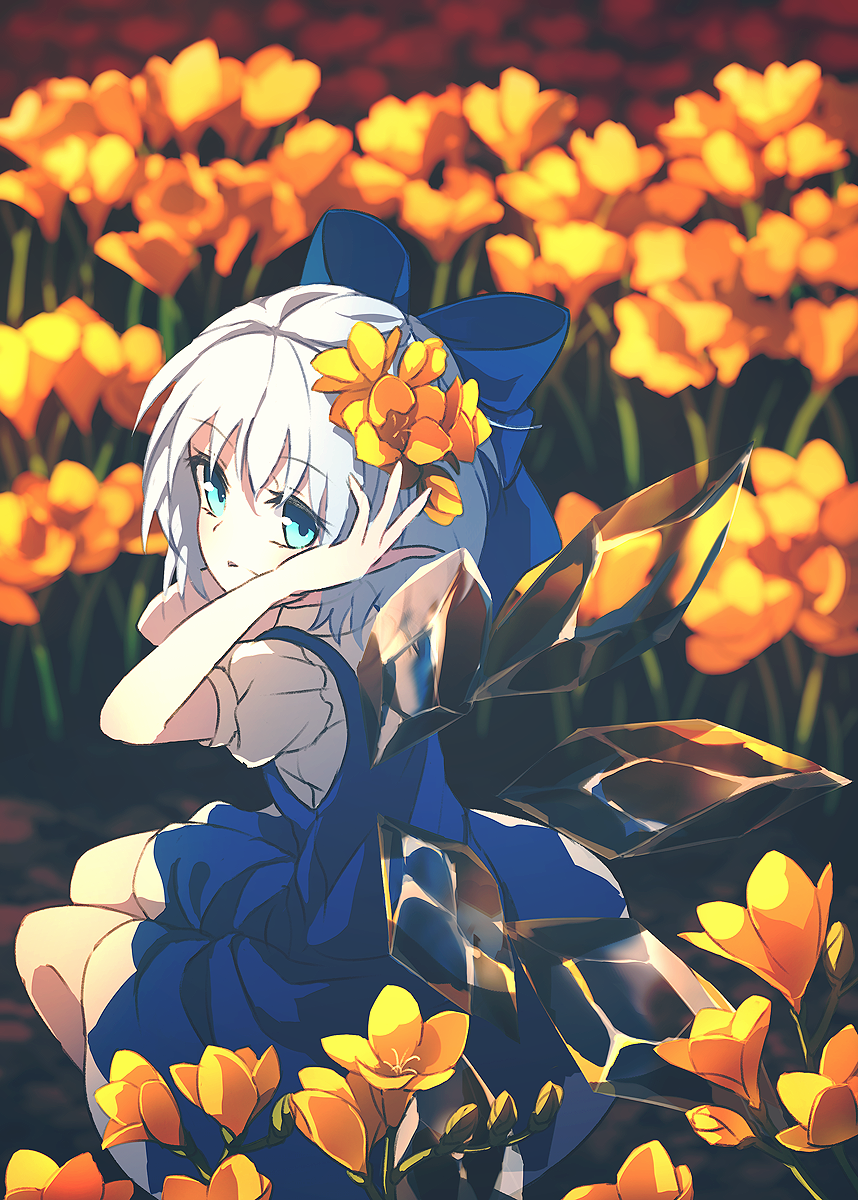 1girl blue_bow blue_dress blue_eyes blue_hair bow cirno commentary dise dress fairy flower freesia_(flower) hair_bow hair_flower hair_ornament hands_up highres ice ice_wings looking_at_viewer shirt short_hair short_sleeves solo touhou white_shirt wings