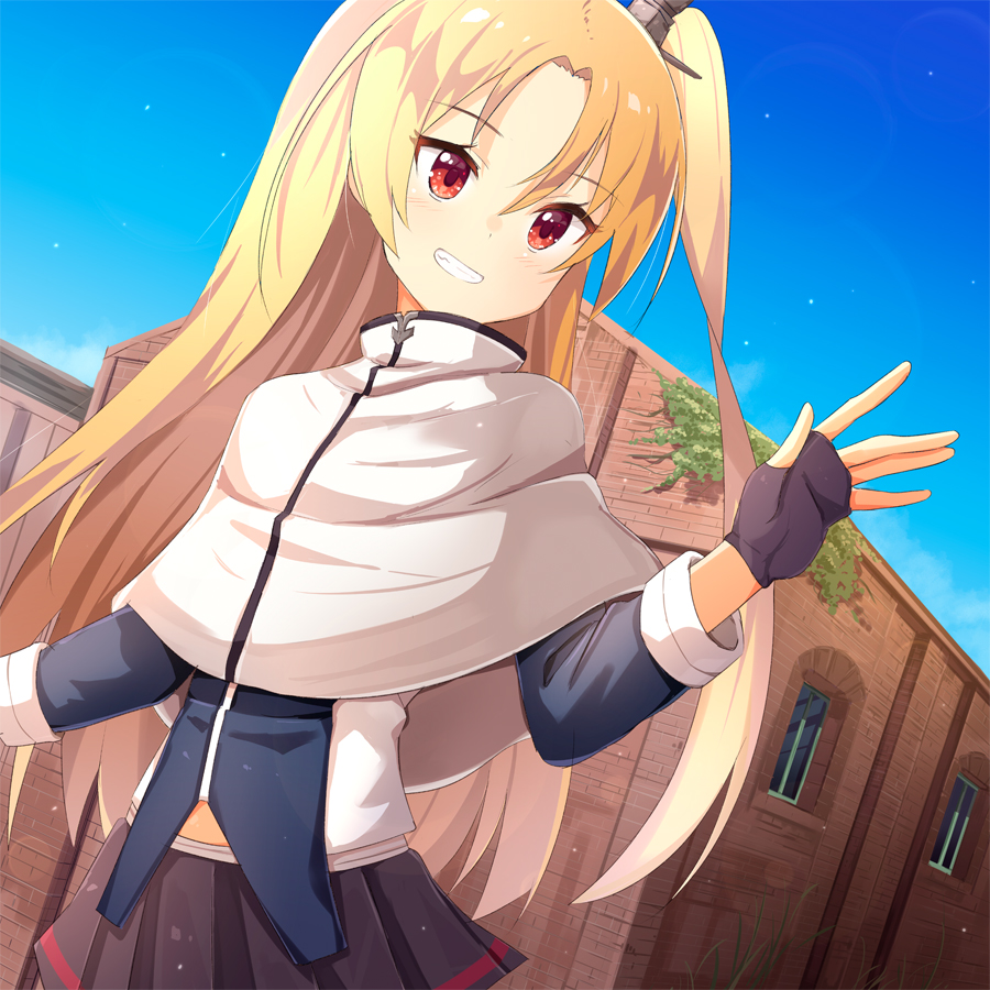 1girl ame. azur_lane bangs black_gloves black_skirt blonde_hair blue_jacket blue_sky building capelet cleveland_(azur_lane) commentary_request day eyebrows_visible_through_hair fingerless_gloves gloves grin hair_between_eyes hair_ornament hand_up jacket long_hair long_sleeves looking_away looking_to_the_side one_side_up outdoors parted_bangs pleated_skirt red_eyes skirt sky smile solo very_long_hair white_capelet window