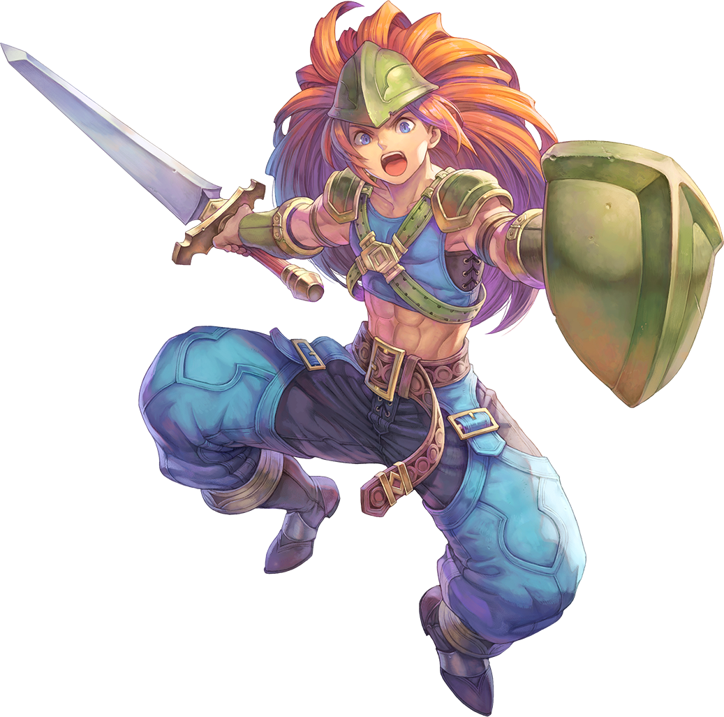 1boy abs armor artist_request belt blue_eyes blue_pants boots bracer brown_belt brown_footwear brown_hair duran_(seiken_densetsu_3) full_body helmet holding holding_shield holding_sword holding_weapon long_hair looking_at_viewer male_focus official_art open_mouth pants seiken_densetsu seiken_densetsu_3 shield shoulder_armor shouting sleeveless solo sword transparent_background weapon