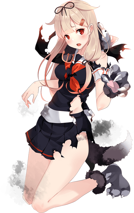 1girl black_serafuku black_skirt blonde_hair dog_paws dog_tail fang hair_flaps hair_ornament hairclip kantai_collection kujou_ichiso long_hair neckerchief official_art open_mouth paws pleated_skirt red_eyes red_neckwear remodel_(kantai_collection) school_uniform serafuku short_sleeves skirt solo tail torn_clothes torn_skirt transparent_background yuudachi_(kantai_collection)