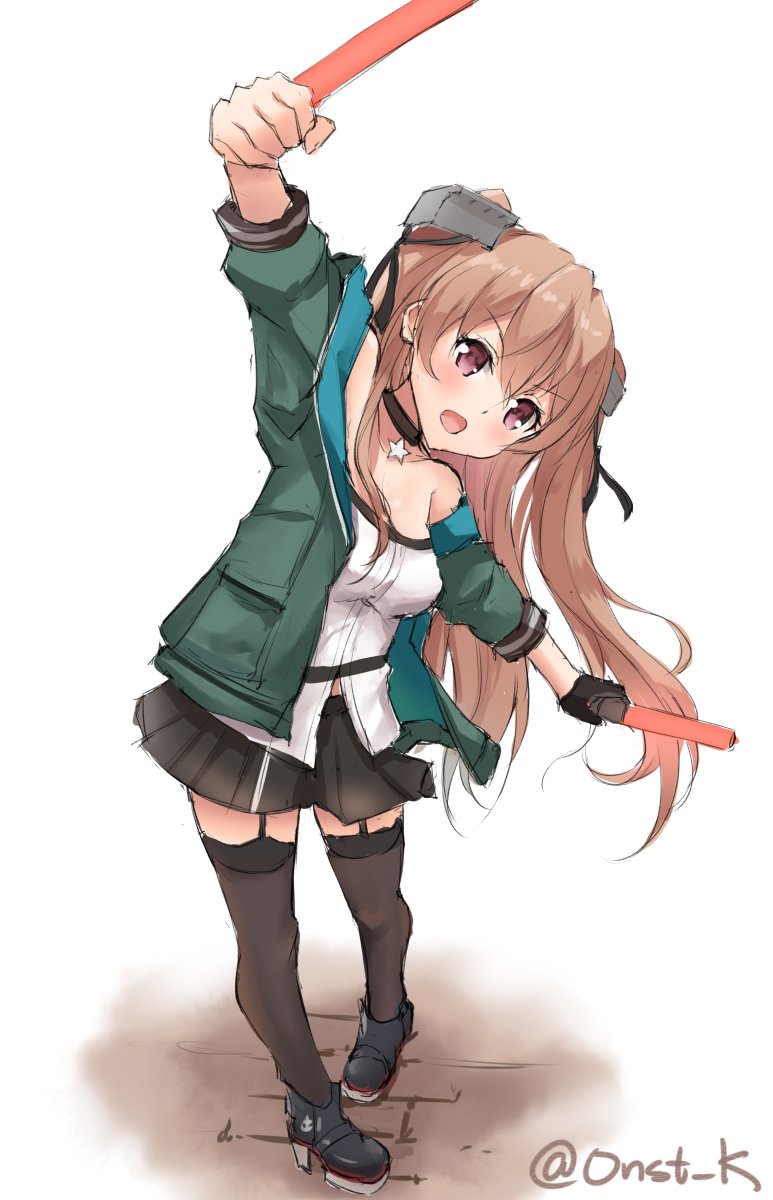 1girl alternate_costume black_footwear black_legwear black_skirt blouse breasts brown_eyes choker garter_straps green_jacket hair_ornament highres jacket johnston_(kantai_collection) k_jie kantai_collection light_brown_hair light_stick long_hair looking_at_viewer medium_breasts open_mouth outstretched_arms pleated_skirt simple_background skirt solo standing thigh-highs twitter_username two_side_up white_background white_blouse