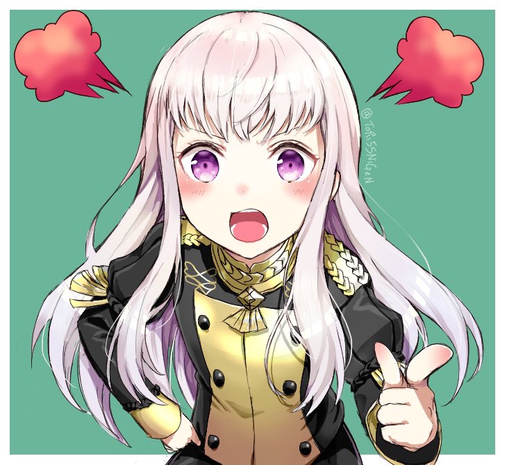 1girl epaulettes fire_emblem fire_emblem:_three_houses garreg_mach_monastery_uniform long_hair long_sleeves lysithea_von_ordelia open_mouth pink_eyes simple_background solo tori55nigen twitter_username uniform upper_body white_hair