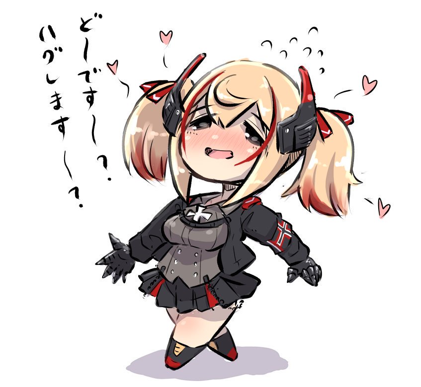 1girl :d armband azur_lane bangs black_footwear black_jacket black_skirt blonde_hair blush boots breasts chibi collared_shirt commentary_request eyebrows_visible_through_hair flying_sweatdrops full_body grey_eyes grey_shirt hair_between_eyes headgear heart iron_cross jacket long_sleeves looking_at_viewer medium_breasts multicolored_hair nose_blush open_mouth pleated_skirt redhead roon_(azur_lane) shadow shirt skirt smile solo standing streaked_hair translated twintails u-non_(annon'an) white_background