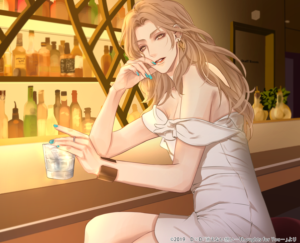 1girl alcohol bar blue_nails bottle bracelet cup dated dress earrings ice ice_cube indoors jewelry light_brown_hair long_hair looking_at_viewer nuts912 off-shoulder_dress off_shoulder official_art ring sitting solo stool watermark white_dress wine_bottle yellow_eyes