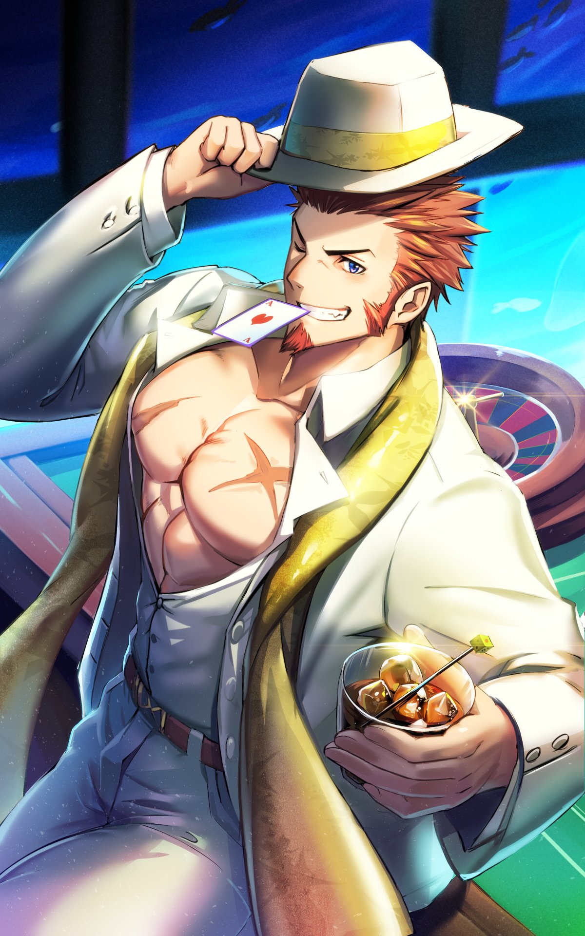 1boy abs bara beard belt blue_eyes blush brown_hair card chest cup drinking_glass drinking_straw facial_hair fate/grand_order fate_(series) hat highres holding holding_hat ice long_sleeves looking_at_viewer male_focus muscle napoleon_bonaparte_(fate/grand_order) one_eye_closed open_clothes pants pectorals playing_card scar scarf sideburns smile solo teeth thighs uniform upper_body waku_(ayamix)