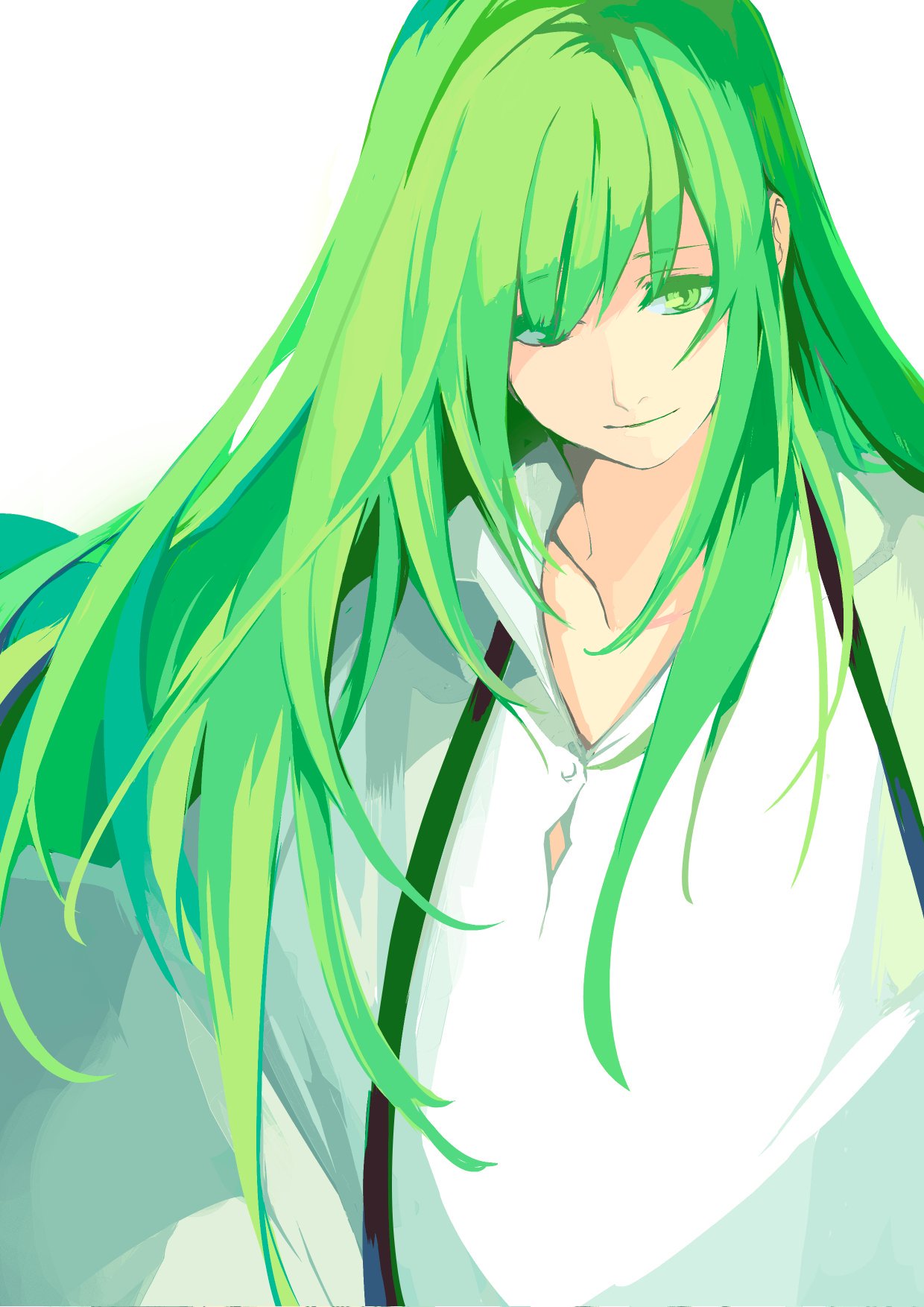 1girl closed_mouth collarbone enkidu_(fate/strange_fake) eyebrows_visible_through_hair fate/grand_order fate/strange_fake fate_(series) green_eyes green_hair highres long_hair simple_background smile solo white_background yumitoriaoi