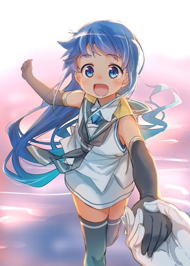 1girl bangs blue_eyes blue_gloves blue_hair blue_legwear blue_neckwear elbow_gloves eyebrows_visible_through_hair floating_hair gloves holding_hand kantai_collection long_hair looking_at_viewer neckerchief oge_(ogeogeoge) open_mouth outstretched_arm sailor_collar samidare_(kantai_collection) shirt skirt sleeveless sleeveless_shirt smile swept_bangs thigh-highs very_long_hair white_gloves white_serafuku white_shirt white_skirt zettai_ryouiki