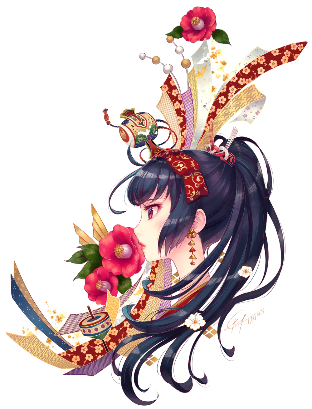 1girl bangs black_hair bow brown_flower closed_mouth earrings eyebrows_visible_through_hair flower hair_bow hair_ornament high_ponytail highres jewelry long_hair looking_away nishimura_eri original ponytail portrait profile red_bow red_eyes red_flower red_lips signature solo spinning_top white_background yellow_flower