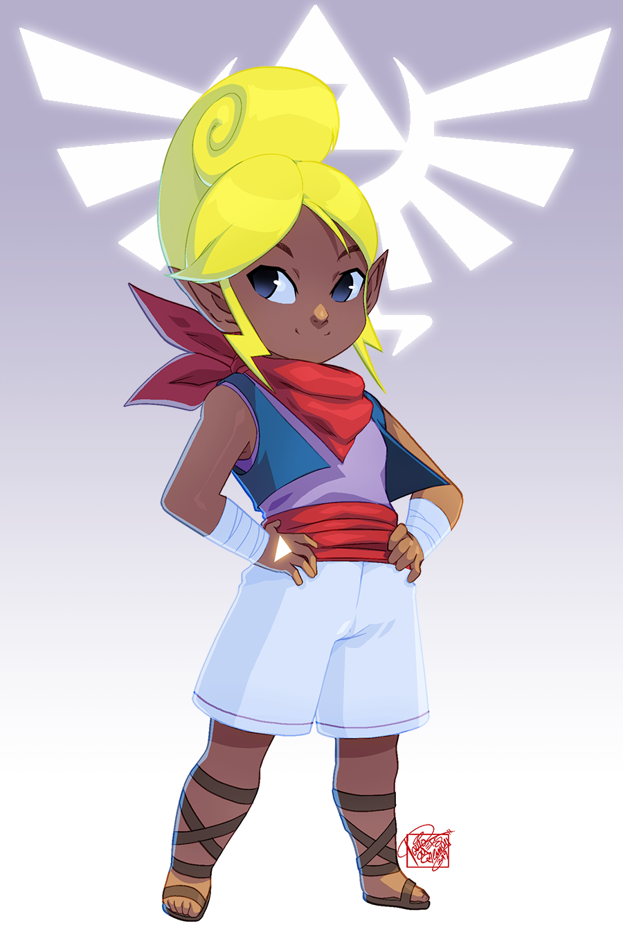 1girl bandaged_arm bandages bangs beehive_hairdo big_hair black_eyes blonde_hair commission dark_skin flat_chest full_body hands_on_hips highres neckerchief parted_bangs pointy_ears sandals sash shorts smile solo tetra the_legend_of_zelda the_legend_of_zelda:_the_wind_waker tovio_rogers vest