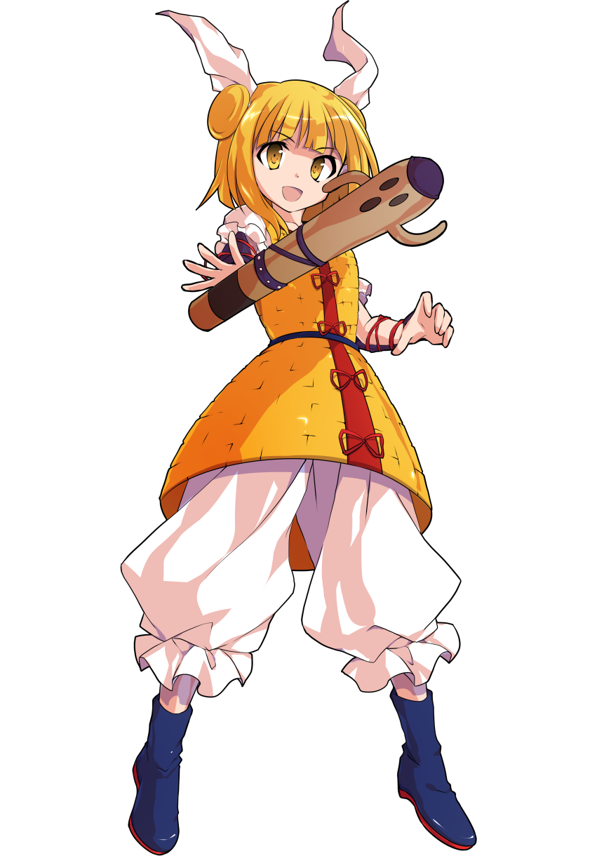 1girl :d alphes_(style) armor baggy_pants bangs blonde_hair blue_footwear blunt_bangs boots commentary_request dairi double_bun eyebrows_visible_through_hair full_body hair_ribbon haniwa_(statue) highres holding joutouguu_mayumi looking_at_viewer medium_hair open_mouth pants parody puffy_short_sleeves puffy_sleeves red_ribbon ribbon short_sleeves smile solo standing style_parody tachi-e touhou transparent_background vambraces white_pants white_ribbon yellow_eyes