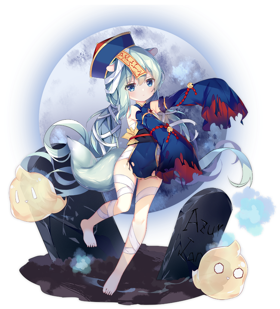 1girl animal_ears aqua_hair azur_lane bandages bare_shoulders barefoot bell blue_dress blue_eyes blue_headwear closed_mouth copyright_name detached_sleeves dress full_body full_moon ghost grave halloween hat jiangshi jingle_bell long_hair long_sleeves looking_at_viewer manjuu_(azur_lane) mikazuki_(azur_lane) mikazuki_(sweet_zombie)_(azur_lane) moon obi official_art ofuda outstretched_arms qing_guanmao sash sleeves_past_fingers sleeves_past_wrists solo standing standing_on_one_leg tail torn_clothes torn_dress torn_sleeves transparent_background tsukimi_(xiaohuasan) very_long_hair zombie_pose