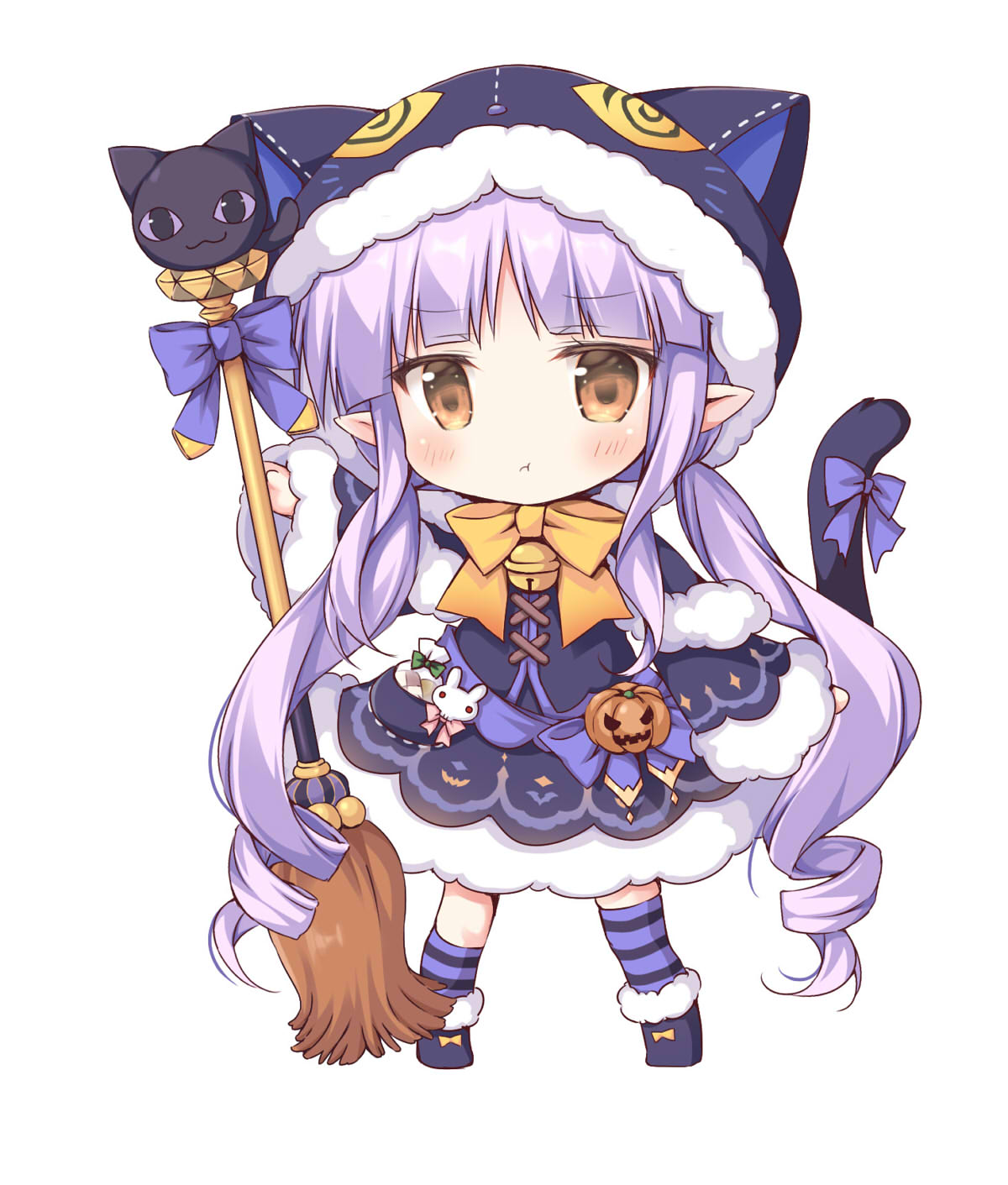 1girl :t animal_ears animal_hood bell black_capelet black_footwear black_jacket black_skirt blush bow brown_eyes capelet cat_ears cat_girl cat_hood cat_tail chibi closed_mouth commentary_request fake_animal_ears full_body fur-trimmed_boots fur-trimmed_capelet fur-trimmed_hood fur-trimmed_skirt fur-trimmed_sleeves fur_trim highres hikawa_kyoka hood hood_up hooded_capelet jack-o'-lantern jacket jingle_bell kneehighs korie_riko long_hair long_sleeves orange_bow pointy_ears pout princess_connect! princess_connect!_re:dive purple_bow purple_hair simple_background single_kneehigh single_thighhigh skindentation skirt solo standing striped striped_legwear tail tail_bow thigh-highs twintails very_long_hair white_background wide_sleeves