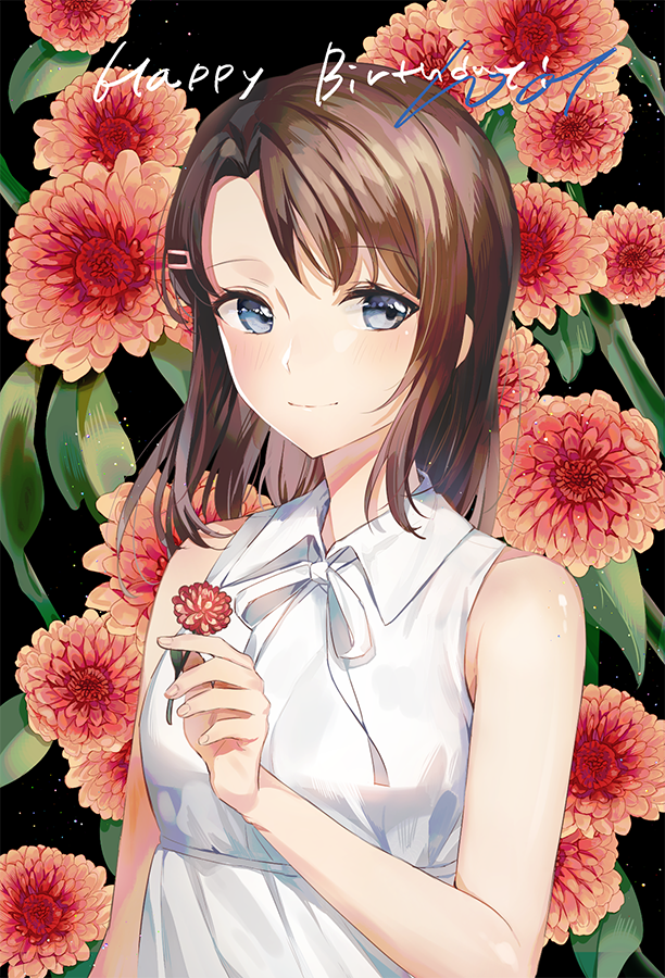 1girl bang_dream! bare_shoulders black_background blue_eyes brown_hair closed_eyes dress flower hair_ornament hairclip happy_birthday looking_at_viewer looking_to_the_side medium_hair okusawa_misaki smile solo tiny_(tini3030) white_dress
