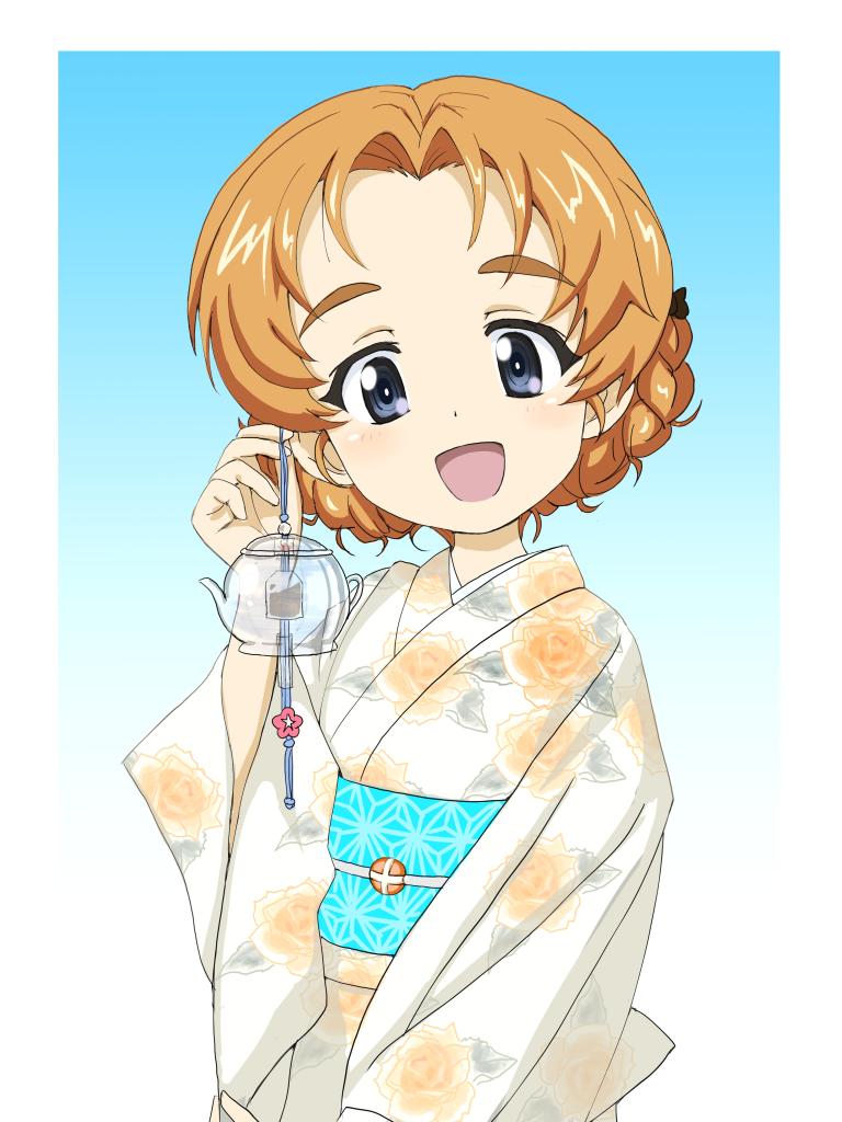 1girl :d bangs black_ribbon blue_background blue_eyes braid bukkuri commentary floral_print girls_und_panzer gradient gradient_background hair_ribbon head_tilt holding japanese_clothes kimono light_blush long_sleeves looking_at_viewer obi open_mouth orange_hair orange_pekoe parted_bangs print_kimono ribbon sash short_hair smile solo standing tied_hair twin_braids white_kimono wide_sleeves wind_chime