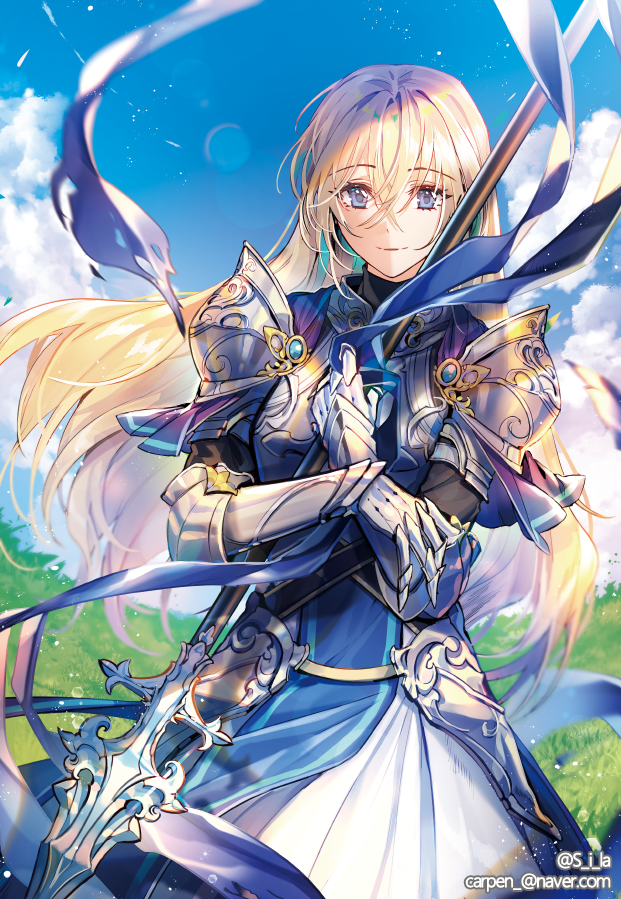 1girl armor artist_name blonde_hair blue_sky clouds cover cover_page day gauntlets grass holding holding_weapon interitio looking_at_viewer novel_cover novel_illustration official_art outdoors pauldrons polearm sky solo spear standing watermark weapon web_address