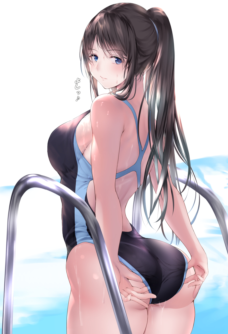 1girl ass back bangs bare_shoulders black_hair black_swimsuit blue_eyes blush breasts gorua_(youce01) highleg highleg_swimsuit large_breasts long_hair looking_at_viewer looking_back one-piece_swimsuit original ponytail pool_ladder simple_background solo swept_bangs swimsuit wet white_background