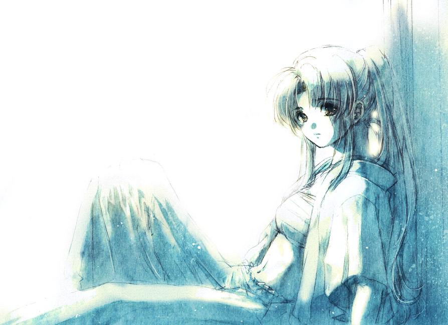 1girl bangs breasts closed_mouth from_side frown graphite_(medium) hakama japanese_clothes kamiya_kaoru knee_up long_hair looking_at_viewer medium_breasts monochrome natsu_mikan_(level9) navel open_clothes parted_bangs ponytail rurouni_kenshin sarashi sidelocks sitting solo traditional_media