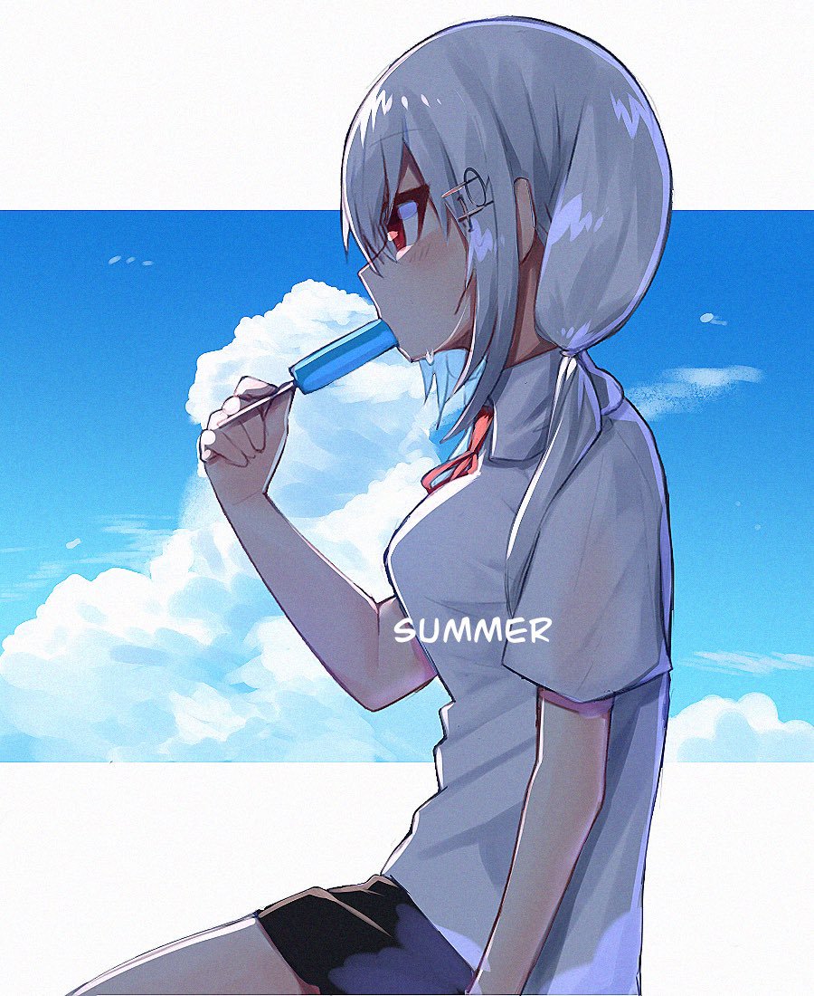 1girl bangs blue_sky blush breasts clouds collared_shirt daifukumochi_(akaaokiiwo) day eyebrows_visible_through_hair food hair_between_eyes hair_ornament hakase_fuyuki hand_up holding holding_food long_hair looking_away low_twintails neck_ribbon nijisanji popsicle profile red_eyes red_ribbon ribbon shirt short_sleeves sky small_breasts solo summer sweat twintails virtual_youtuber white_shirt