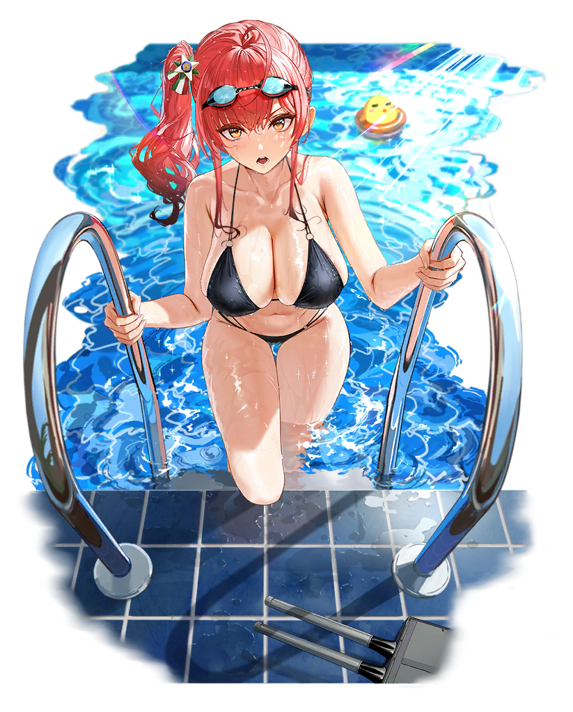1girl ahoge alternative_costume angry asymmetrical_hair azur_lane bare_shoulders bikini bird black_bikini black_swimsuit blurry blurry_background breasts brown_eyes cannon chick clavicle cleavage climbing eyebrows_visible_through_hair female glint goggles goggles_on_head large_breasts lifebuoy looking_at_viewer manjuu_(azur_lane) medal mouth_hold mr_cloud navel official_art palm_tree ponytail pool pool_ladder poolside redhead ripples side_ponytail skindentation solo sunlight swimsuit tachi-e thigh_gap thighs tied_hair tile_floor tiles transparent_background tree turret water wet whistle whistle_around_neck zara_(azur_lane) zara_(poolside_coincidence)_(azur_lane)