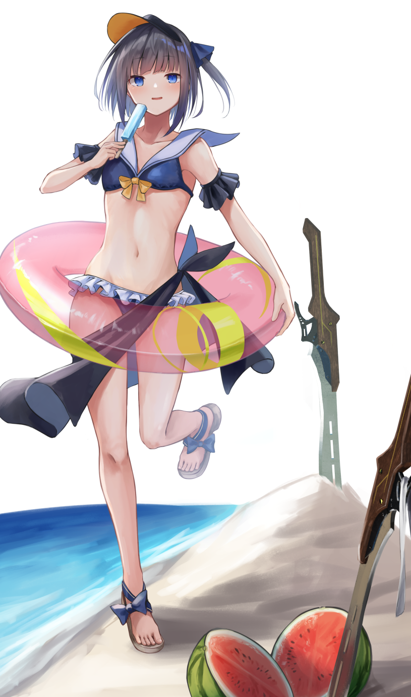 1girl beach black_headwear blush bow collarbone food fruit hat highres holding holding_food knoy3356 multicolored multicolored_clothes multicolored_hat navel ocean open_mouth orange_headwear original outdoors popsicle running sand sandals smile solo swimsuit sword watermelon weapon yellow_bow