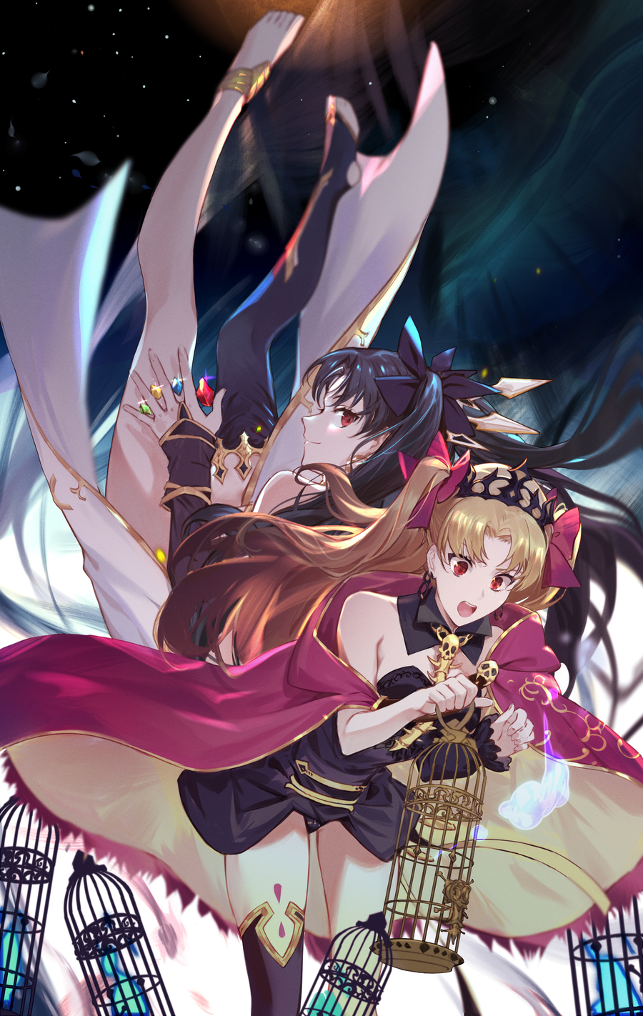 2girls asymmetrical_legwear asymmetrical_sleeves back-to-back bare_shoulders birdcage black_bow black_dress black_hair blonde_hair blue_fire bow bridal_gauntlets cage cape closed_mouth commentary_request crown csyko dress earrings ereshkigal_(fate/grand_order) eyebrows_visible_through_hair fate/grand_order fate_(series) fire gem hair_between_eyes hair_bow hair_ornament highres holding holding_cage ishtar_(fate/grand_order) jewelry long_hair looking_at_viewer multiple_girls open_mouth red_bow red_cape red_eyes siblings sisters skull smile toosaka_rin twintails
