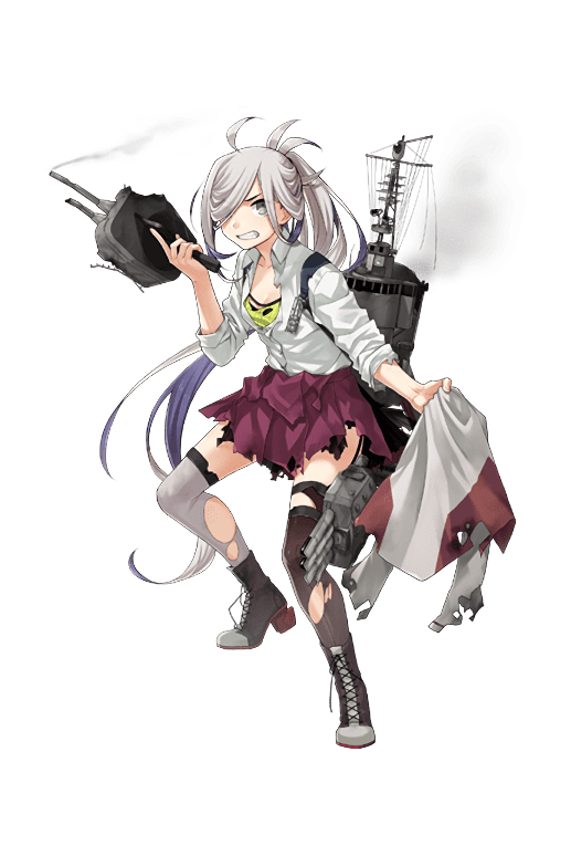 1girl adapted_turret ahoge asashimo_(kantai_collection) blazer blazer_removed boots bow bowtie brown_legwear camisole cannon clenched_teeth clothes_removed cross-laced_footwear damaged fujikawa grey_eyes grey_hair grey_legwear grin hair_over_one_eye holding holding_jacket jacket jacket_removed kantai_collection lace-up_boots long_hair looking_at_viewer machinery mast mismatched_legwear official_art ponytail remodel_(kantai_collection) school_uniform sharp_teeth silver_hair sleeves_rolled_up smile solo stance standing teeth thigh-highs torn_clothes transparent_background turret