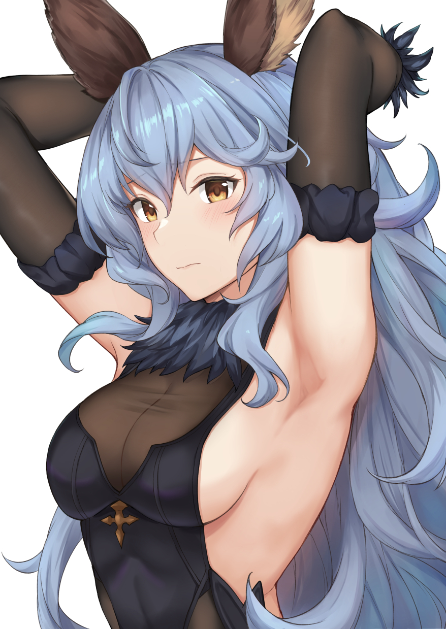 1girl animal_ears armpits arms_behind_head arms_up backless_dress backless_outfit bangs black_gloves blue_dress blue_hair blush breasts closed_mouth dress earrings elbow_gloves erune ferry_(granblue_fantasy) fur_collar gloves gradient granblue_fantasy hair_between_eyes highres jewelry licking long_hair looking_at_viewer rabbit_ears sideboob simple_background small_breasts solo sweatdrop terry_(pixiv3274443) wavy_hair white_background yellow_eyes