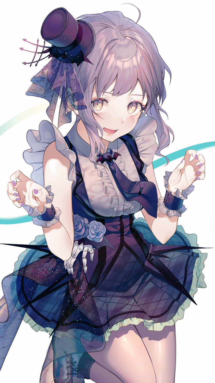 1girl :d ahoge bare_shoulders breasts dress frills grey_hair halloween hat highres idolmaster idolmaster_million_live! idolmaster_million_live!_theater_days kinty leg_up long_hair looking_at_viewer makabe_mizuki medium_breasts mini_hat mini_top_hat nail_polish necktie open_mouth purple_dress shoes smile solo standing standing_on_one_leg thighs tilted_headwear top_hat white_background wing_collar wrist_cuffs yellow_eyes