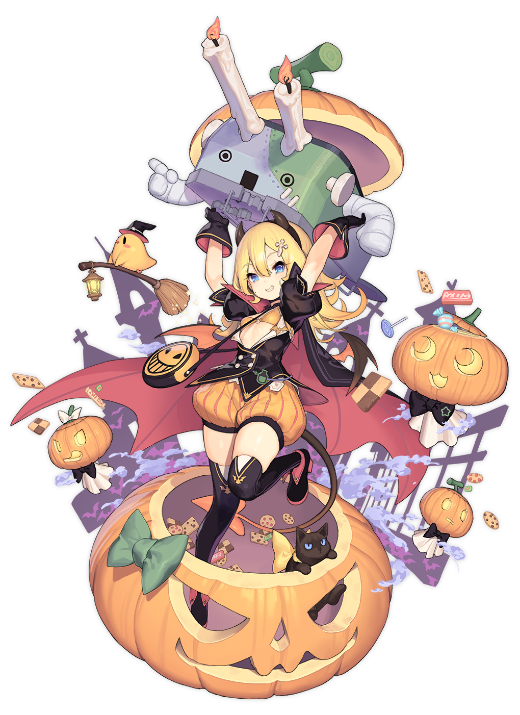 1girl abercrombie_(azur_lane) animal arms_up azur_lane bikini_top bird black_gloves black_jacket black_legwear blonde_hair blue_eyes bow breasts broom candle candy cape carrying cat chick cookie double-breasted food gloves hair_ornament hairband halloween hat highres horns jack-o'-lantern jacket lantern leg_up lollipop long_hair looking_at_viewer machinery manjuu_(azur_lane) o-ring o-ring_top official_art open_mouth orange_bikini_top orange_shorts puffy_short_sleeves puffy_sleeves pumpkin shoes short_sleeves shorts small_breasts smile solo swirl_lollipop thigh-highs transparent_background tsliuyixin witch_hat