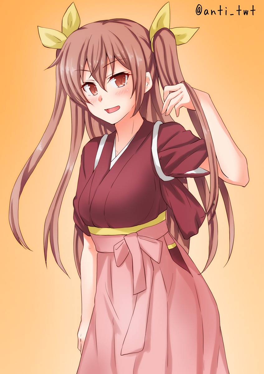 1girl alternate_costume anti_(untea9) breasts brown_eyes commentary_request cosplay gradient gradient_background hakama highres japanese_clothes johnston_(kantai_collection) kamikaze_(kantai_collection) kamikaze_(kantai_collection)_(cosplay) kantai_collection kimono light_brown_hair long_hair looking_at_viewer medium_breasts meiji_schoolgirl_uniform orange_background pink_hakama red_kimono ribbon solo tasuki twitter_username two_side_up yellow_ribbon