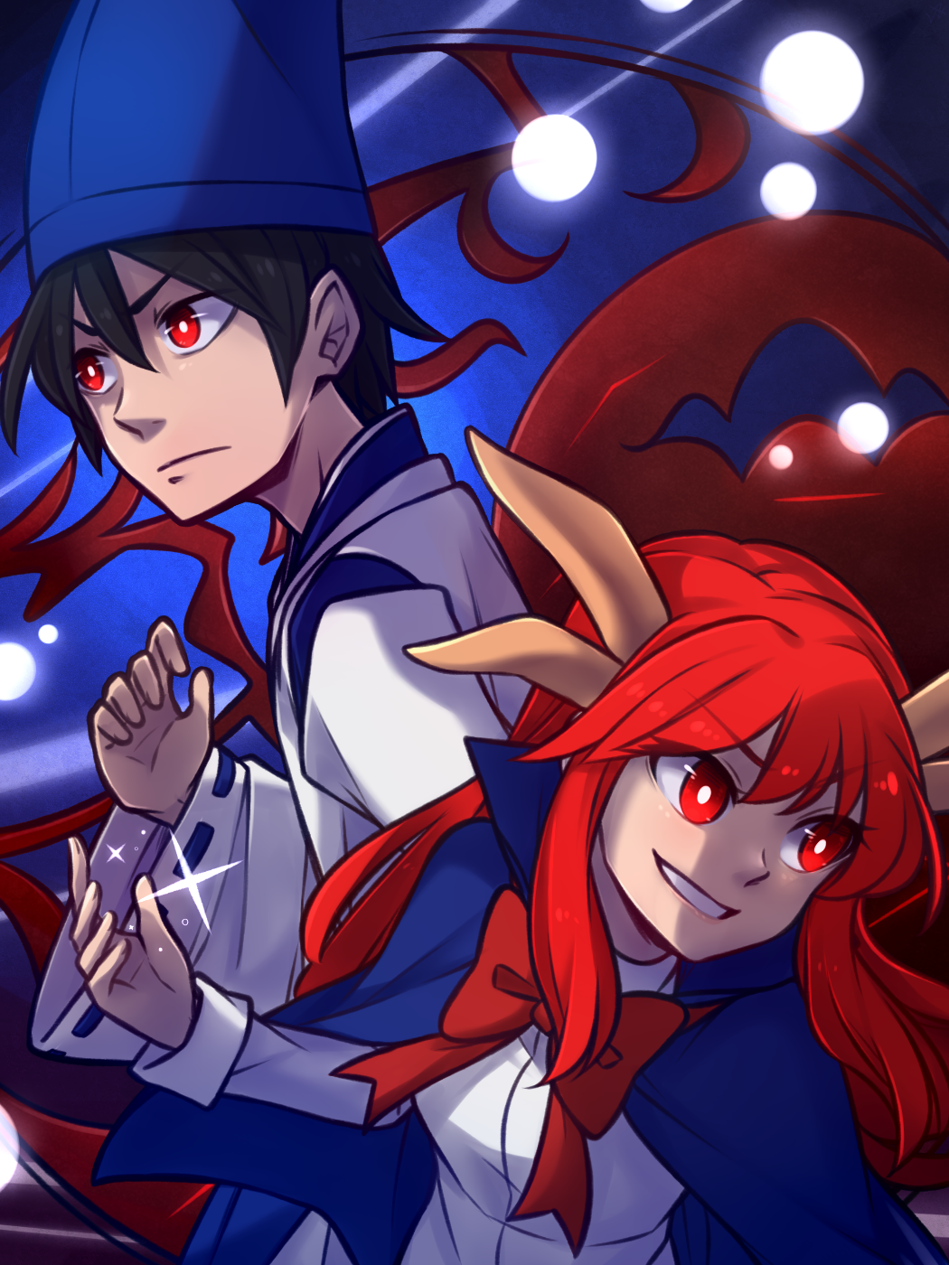 1boy 1girl bangs black_hair blue_capelet blue_headwear bow bowtie bright_pupils capelet closed_mouth commentary dual_persona eyebrows_visible_through_hair grin hat highres horns japanese_clothes long_hair long_sleeves red_bow red_eyes red_neckwear redhead shingyoku shingyoku_(male) shirt smile speckticuls tate_eboshi touhou touhou_(pc-98) v-shaped_eyebrows white_pupils white_shirt wide_sleeves