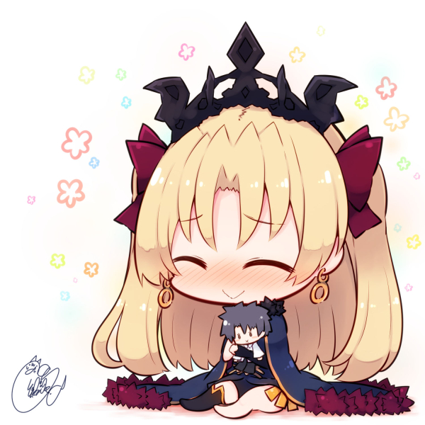 1girl :&gt; ^_^ bangs barefoot beni_shake black_legwear black_sleeves blonde_hair blue_cloak blue_dress blush bow character_doll chibi cloak closed_eyes closed_mouth commentary_request detached_sleeves doll_hug dress earrings ereshkigal_(fate/grand_order) eyebrows_visible_through_hair fate/grand_order fate_(series) floral_background fujimaru_ritsuka_(male) full_body fur-trimmed_cloak fur_trim hair_bow infinity jewelry long_hair no_shoes nose_blush parted_bangs red_bow shadow signature single_sleeve single_thighhigh thigh-highs tiara two_side_up very_long_hair white_background