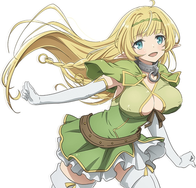 1girl ahoge armpits bangs belt blonde_hair blue_eyes boots breasts brown_belt brown_ribbon collar covered_nipples cowboy_shot dot_nose dress elbow_gloves elf eyebrows_visible_through_hair floating_hair gloves green_capelet green_dress hair_intakes isekai_maou_to_shoukan_shoujo_dorei_majutsu large_breasts leaning_forward legs_apart long_hair looking_at_viewer metal_collar no_bra open_mouth outstretched_arm petticoat pointy_ears ribbon ring_hair_ornament shera_l_greenwood simple_background smile solo standing thigh-highs thigh_boots tongue user_utzu7427 white_footwear white_gloves
